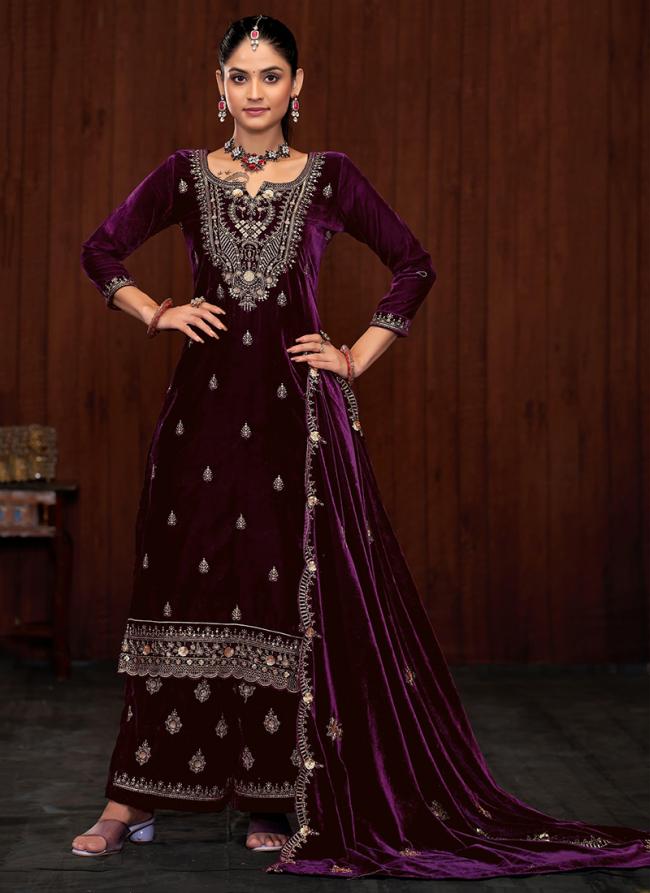 Velvet Wine Party Wear Embroidery Work Plazzo Suit